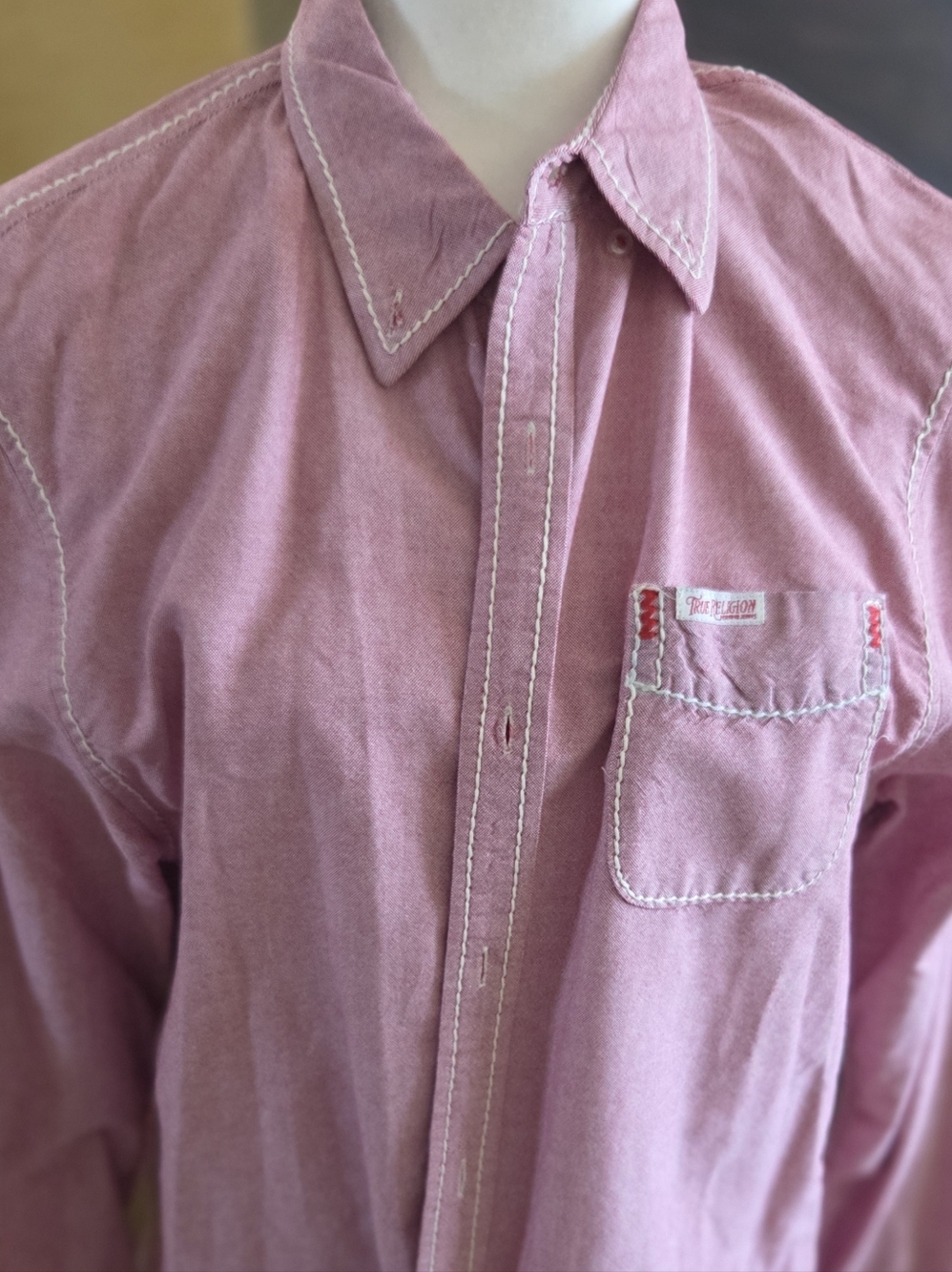 True Religion Men's Red Button-Down Shirt with Contrast Stitching